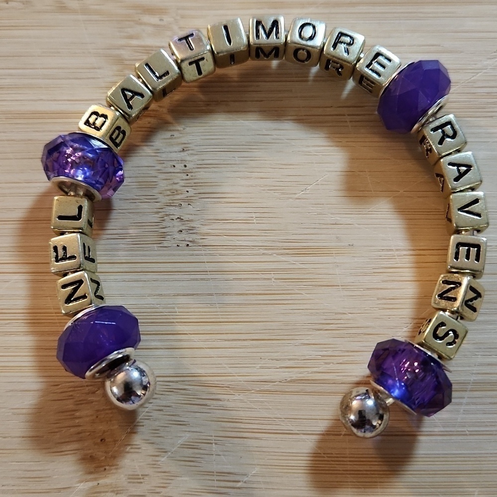 Hand Crafted NFL Ravens Cuff Bracelet Gold Purple Baltimore Football Jewelry